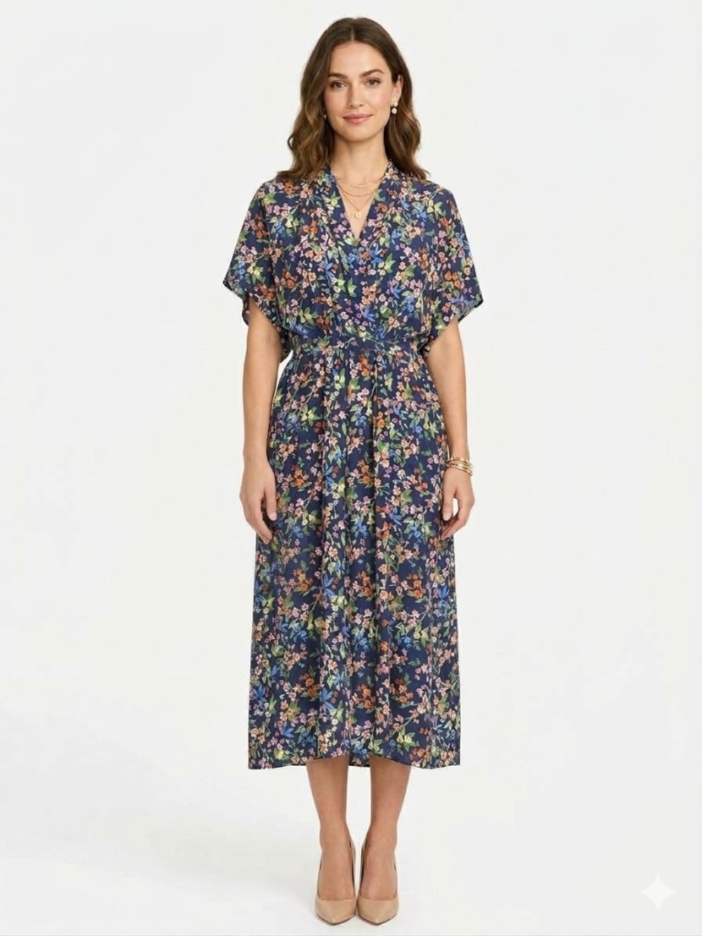 JADE by Johnny Was 100% Silk Floral Midi Dress V-Neck Flutter Sleeve L boho luxe